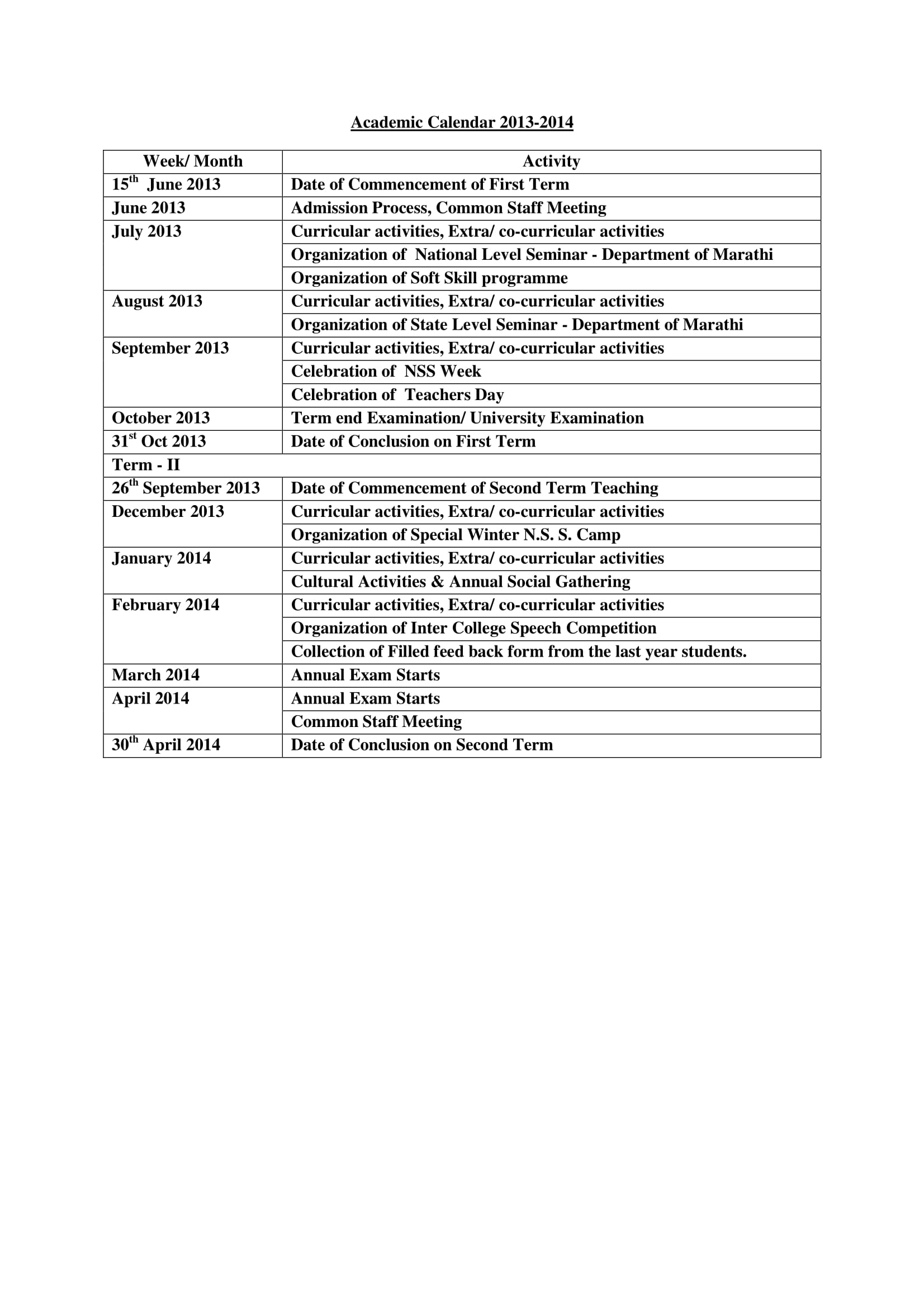 Academic Calendar 2013-14