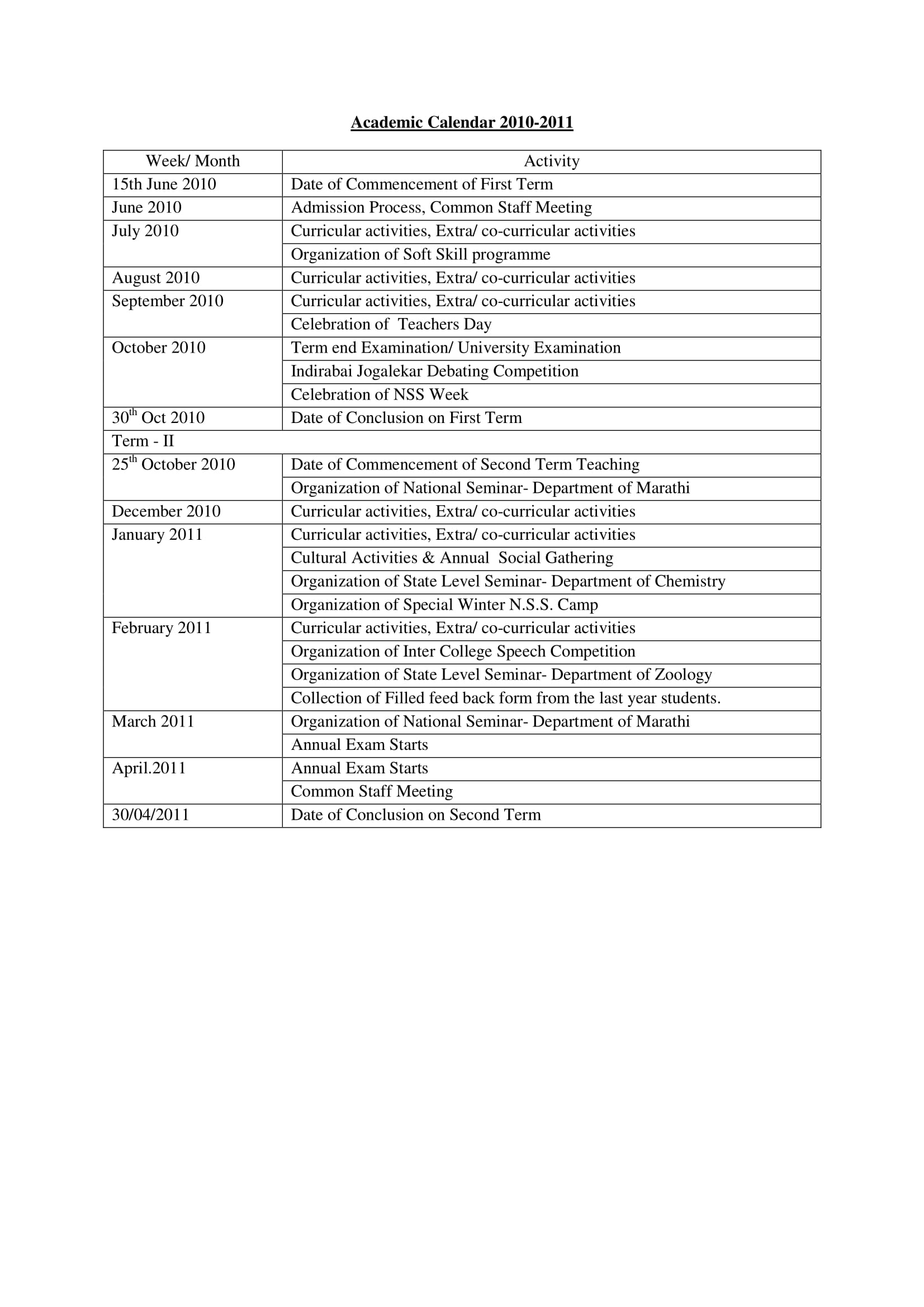 Academic calendar 2010-11